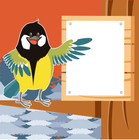 Vector image of the Happy Titmouse on the Tree winter flat backgroundのイラスト素材