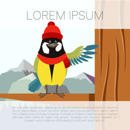 Vector image of the Happy Titmouse with Hat on the Tree winter flat backgroundのイラスト素材