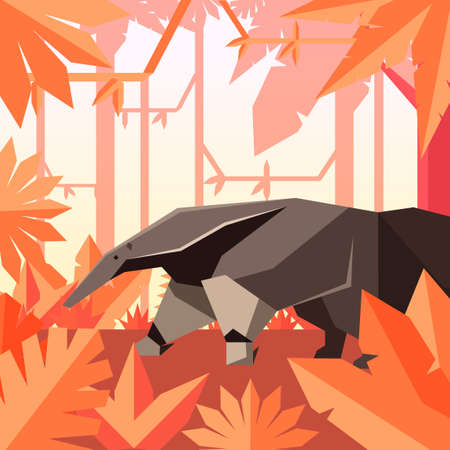 Flat geometric jungle background with Anteaterのイラスト素材