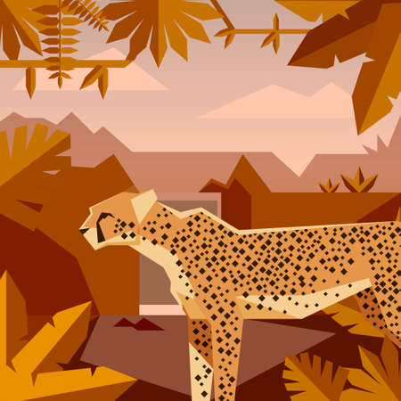 Flat geometric jungle background with Cheetahのイラスト素材