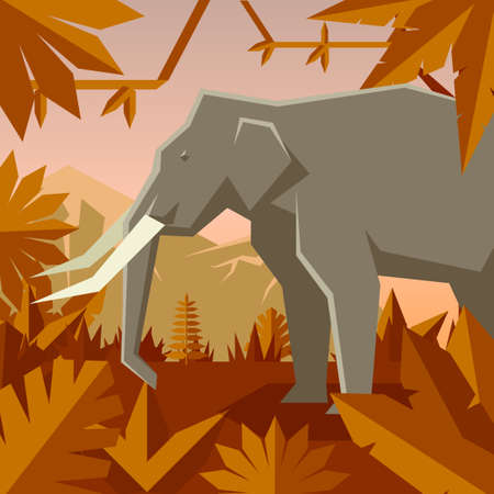 Flat geometric jungle background with Elephantのイラスト素材