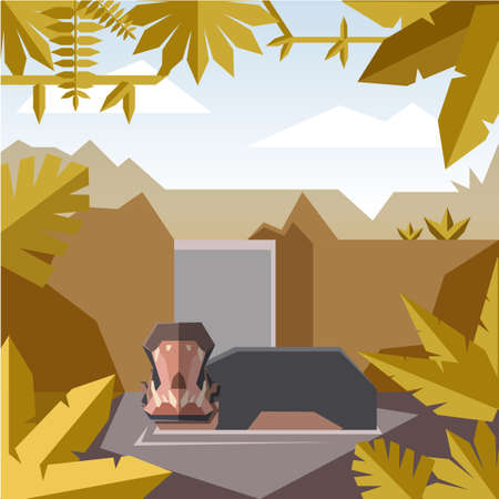 Flat geometric jungle background with Hippopotamusのイラスト素材