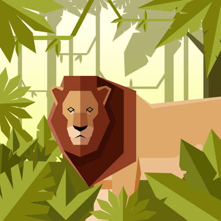Flat geometric jungle background with Lionのイラスト素材