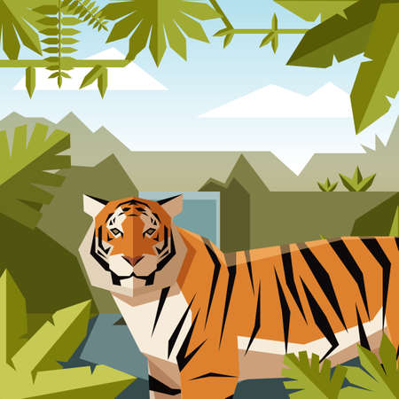 Vector image of the Flat geometric jungle background with Tigerのイラスト素材