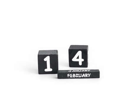 Wood calendar for February 14 on white background.の写真素材