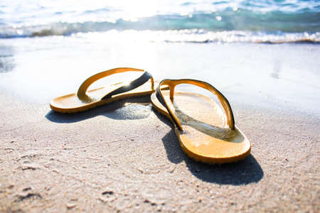 Slipper on the beach, sandals on the beach. Flipflops on a sandy ocean beach - summer vacation concept. Beach summer casual shoes. Copy spaceの写真素材