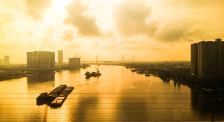 The morning sunrise at Chaophaya River Bangkok, The beauty of the Chao Phraya River at sunrise