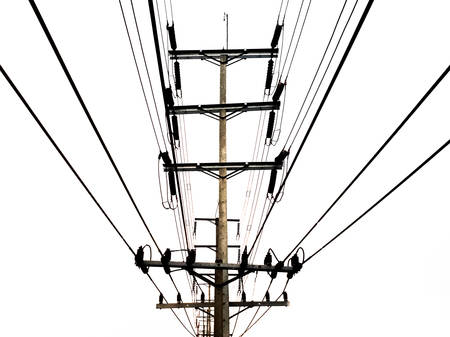 Electricity pole, Black and White electric pole on bright sky, high-voltage tower on white...