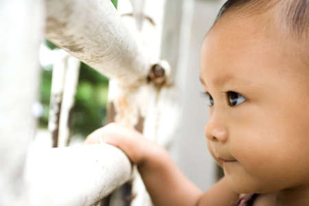 curious baby looking out through a gap of a house gate - observantの写真素材