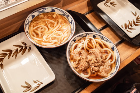 Delicious udon menu served in a bowl on a tray at a Japanese restaurantの写真素材