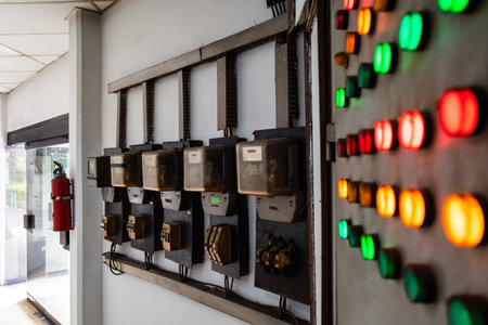 Old kWh meter circuit arrangement with old and rustic electrical control panel with red, green, and...