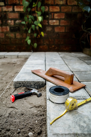 Tools Used for concrete block floor construction work for courtyard patio as home exterior