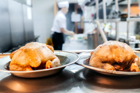 Chicken meat menu prepared in the kitchen of a restaurant with chef and staff working in the backgroundの写真素材