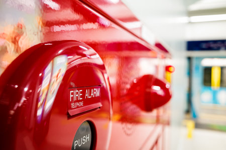 Closeup of red fire alarm telephone boxの写真素材