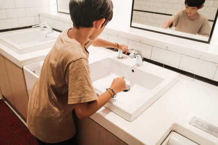 Asian boy washing his hands in front of a mirror after using public rest room at mallの写真素材