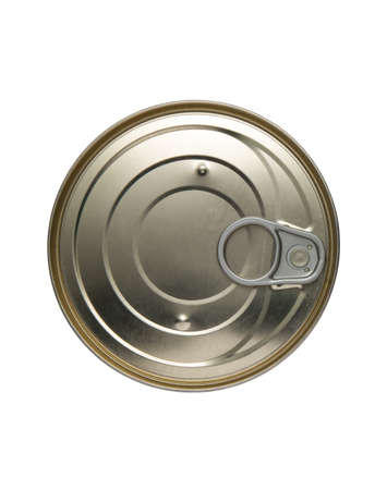 Closed shiny tin can top view isolated on white