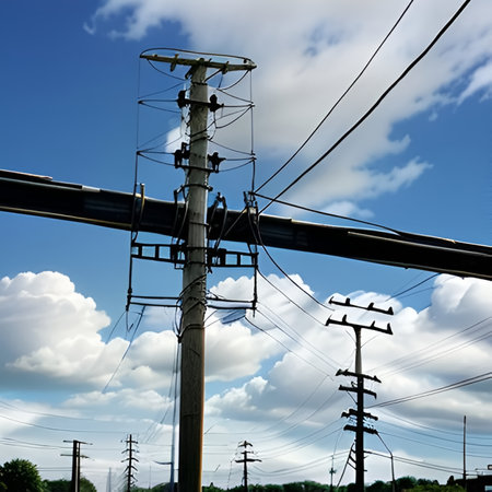 Power poles play a crucial role in the distribution of electrical power, providing a framework for the safe and efficient transmission of electricity across various regions. They are a common sight in both urban and rural landscapes, forming an essential part of the infrastructure that powers homes, businesses, and industries.の写真素材