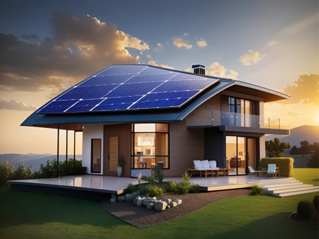 A solar home is a residential building that incorporates solar energy technologies to generate electricity and/or heat water for various household needs.の写真素材