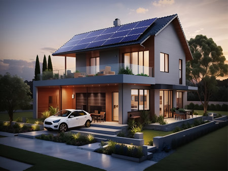 A solar home is a residential building that incorporates solar energy technologies to generate electricity and/or heat water for various household needs.の写真素材