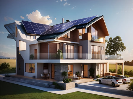 A solar home is a residential building that incorporates solar energy technologies to generate electricity and/or heat water for various household needs.の写真素材