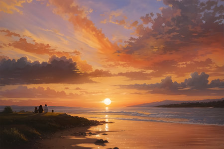 A sunset is a breathtaking natural spectacle that marks the end of the day, transforming the sky into a canvas of vibrant hues and delicate gradients. As the sun descends toward the horizon, it bathes the surroundings in warm and golden tones, casting long, dramatic shadows across the landscape.の写真素材