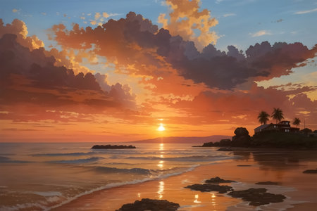A sunset is a breathtaking natural spectacle that marks the end of the day, transforming the sky into a canvas of vibrant hues and delicate gradients. As the sun descends toward the horizon, it bathes the surroundings in warm and golden tones, casting long, dramatic shadows across the landscape.の写真素材