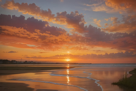 A sunset is a breathtaking natural spectacle that marks the end of the day, transforming the sky into a canvas of vibrant hues and delicate gradients. As the sun descends toward the horizon, it bathes the surroundings in warm and golden tones, casting long, dramatic shadows across the landscape.の写真素材