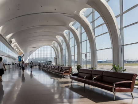 An airport terminal is a designated area within an airport where passengers embark (board) and disembark (exit) from aircraft .の素材