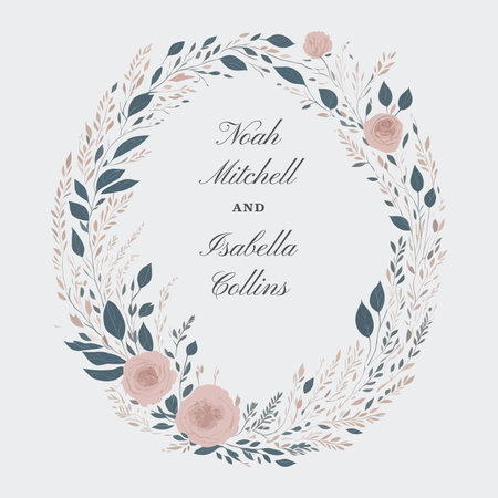 Circle Leaf Minimalist Wedding Invitation ornament with Artistic Floral Wreath.のイラスト素材