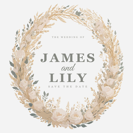 Luxurious Gold Foil Floral Wreath Wedding Invitation Ornament with a Touch of Glamour.のイラスト素材
