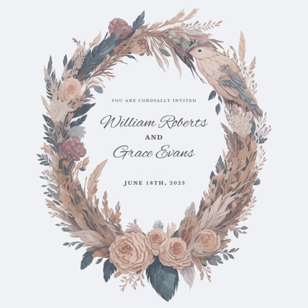 Floral Wreath Wedding Invitation Ornament with Feather Accents.のイラスト素材