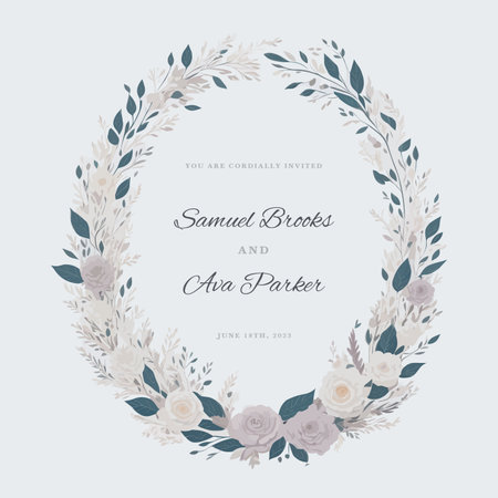 Hand-Drawn Circle Leaf Wedding Invitation with Minimalist Floral Wreath.のイラスト素材