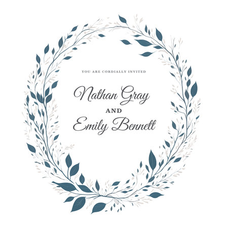 Watercolor Minimalist Floral Wreath Wedding Invitation with Green Leaf Accents.のイラスト素材