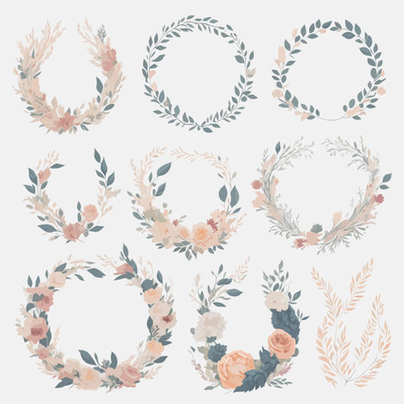 Set of Beautiful Floral Wreath Wedding Invitation Ornaments with Hand-Drawn Elements.のイラスト素材