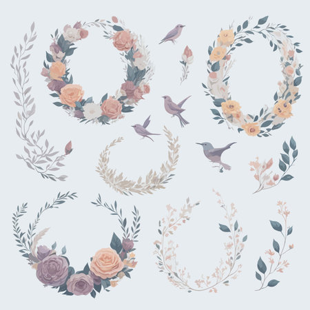 Collection of Hand-Drawn Floral Wreath Wedding Invitation Ornament.のイラスト素材
