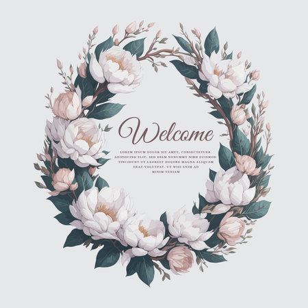 Magnolia White Floral Wreath Wedding Invitation Ornament in Watercolor and Hand-Drawn Style.のイラスト素材