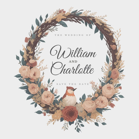 Rustic Floral Wreath a Bird Perched Atop for Wedding Invitation Ornament.のイラスト素材