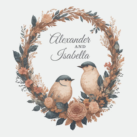 Hand-Drawn Watercolor Romantic Blooms Floral Wreath Wedding Invitation Ornament with birds perched atop.のイラスト素材