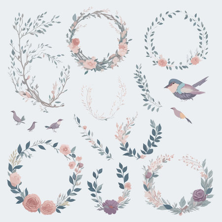 Hand-Drawn Floral Wreath Wedding Invitation Set in Beautiful Style.のイラスト素材