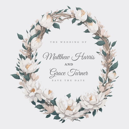Romantic Blossoms: Magnolia White Flower Wreath Wedding Invitation Ornament in Watercolor.のイラスト素材