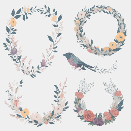Beautiful Floral Wreath Wedding Invitation Ornament Collection in Hand-Drawn Style.のイラスト素材