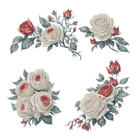 Captivating Watercolor Art with Red and White Rose Floral Collection.のイラスト素材