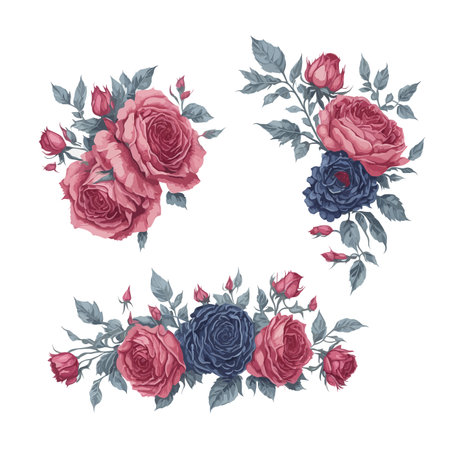 Set of Red and Blue Rose Flower Arrangement Watercolor Illustration.のイラスト素材