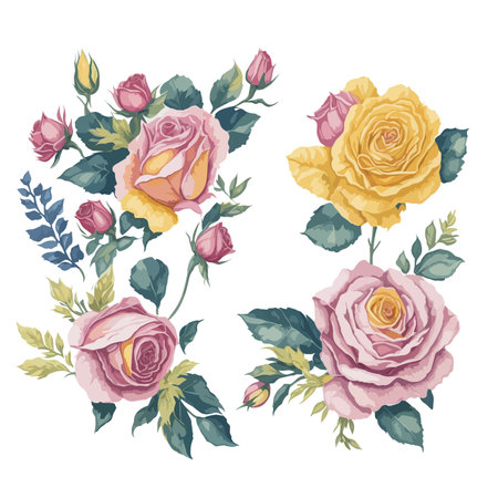 Captivating Watercolor Illustrations with Pink and Yellow Rose Flower Arrangement Set.のイラスト素材
