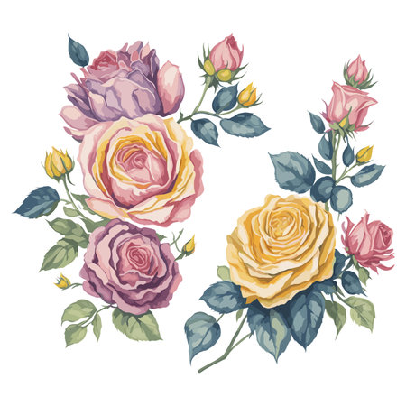 Enchanting Pink and Yellow Rose Watercolor Floral Arrangement Set.のイラスト素材
