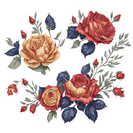 Set of Red and Gold Rose Flower Arrangement Watercolor Illustration.のイラスト素材