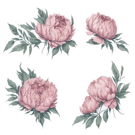 Set of Pink Peonies Flower Arrangement Watercolor Illustration.のイラスト素材