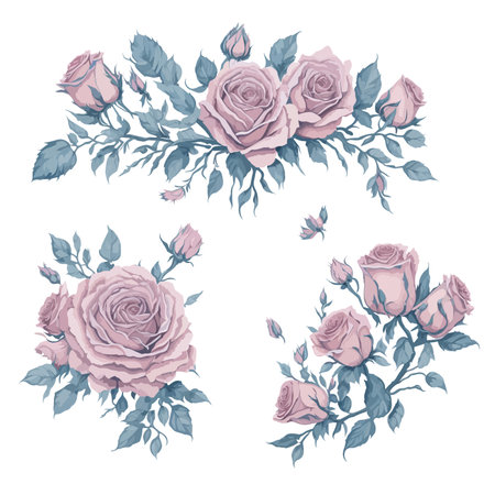 Pink Rose Flower Arrangement Watercolor Illustration Set.のイラスト素材