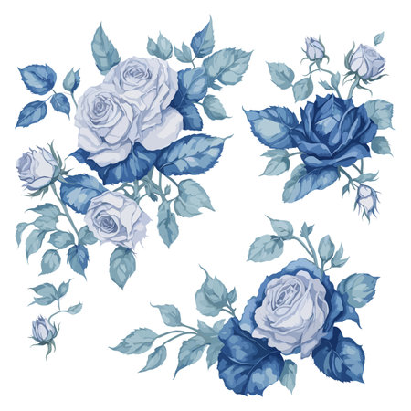 Set of Blue and White Rose Flower Arrangement Watercolor Illustration.のイラスト素材