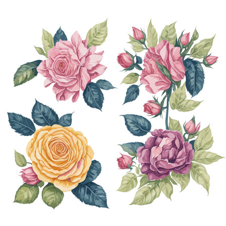 Elegant Pink and Yellow Rose Watercolor Floral Collection.のイラスト素材